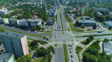 Large Crossroads Street Sikorski Piotrkow Trybunalski Aerial View Poland. High quality 4k footage