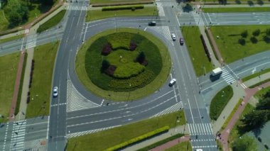 Intersection Of Sikorskiego Avenue Piotrkow Trybulanski Rondo Aerial View Poland. High quality 4k footage