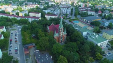 Church Park Rodego Tomaszow Mazowiecki Kosciol Aerial View Poland. High quality 4k footage