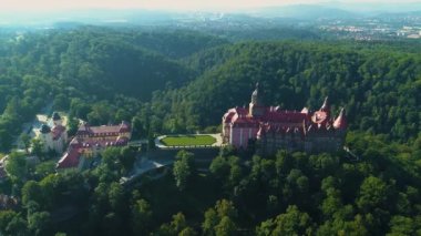 Prince Castle On The Cliff Walbrzych Zamek Ksiaz Aerial View Poland. High quality 4k footage