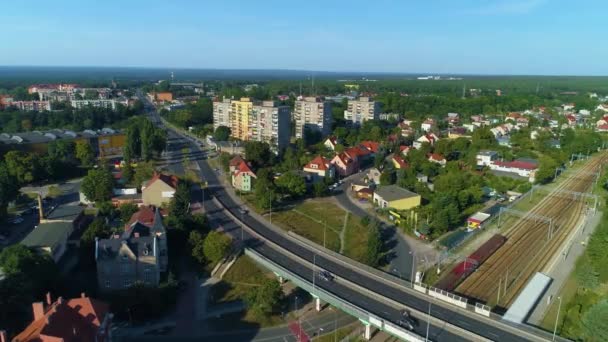 Crossing Railway Track Zielona Gora Przejazd Aerial View Poland High — Video Stock