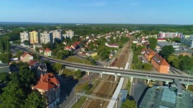 Crossing Over The Railway Track Zielona Gora Przejazd Aerial View Poland. High quality 4k footage