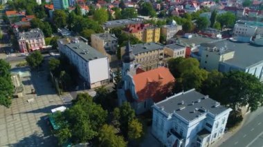 Church Heroes Square Zielona Gora Plac Bohaerow Aerial View Poland. High quality 4k footage