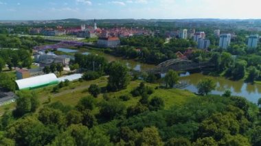 Railway Bridge Odra River Glogow Most Kolejowy Aerial View Poland Poprawka. High quality 4k footage