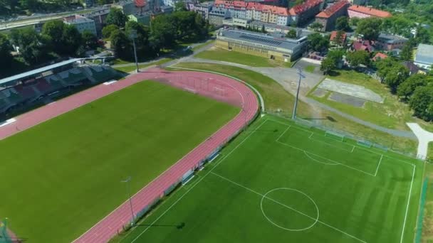 Riesengebirgsstadion Jelenia Gora Stadion Luftaufnahme Polen Hochwertiges Filmmaterial — Stockvideo