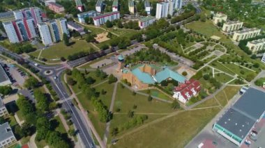 Church Solar Sloneczny Park Glogow Kosciol Aerial View Poland. High quality 4k footage