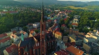 Central Collegiate Church Of Walbrzych Kosciol Nmp Aerial View Poland. High quality 4k footage