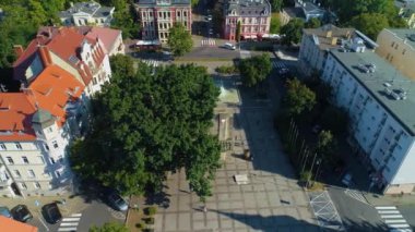 Fontanna Heroes Square Zielona Gora Plac Bohaerow Aerial View Poland. High quality 4k footage
