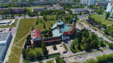 Church Solar Sloneczny Park Glogow Kosciol Aerial View Poland. High quality 4k footage