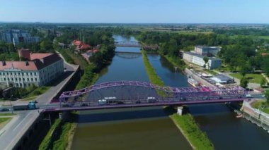 Oder Bridge River Odra Glogow Most Tolerancji Aerial View Poland. High quality 4k footage