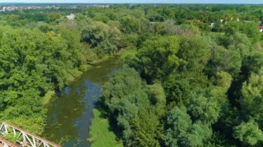 Railway Bridge Odra River Glogow Most Kolejowy Aerial View Poland. High quality 4k footage
