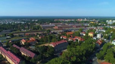 Panorama Tracks Train Station Zielona Gora Aerial View Poland. High quality 4k footage