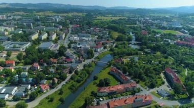 Beautiful Landscape Town Jelenia Gora Krajobraz River Bobr Aerial View Poland. High quality 4k footage
