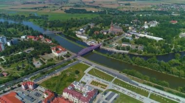 Panorama Odra Bridge Boulevard Glogow Most Bulwar Aerial View Poland. High quality 4k footage