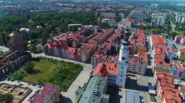 Old Town Market Square Glogow Ratusz Rynek Aerial View Poland. High quality 4k footage