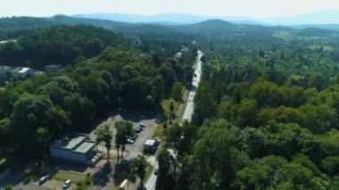 Landscape Entrance Moutains Forest Road Jelenia Gora Krajobraz Aerial View Poland. High quality 4k footage