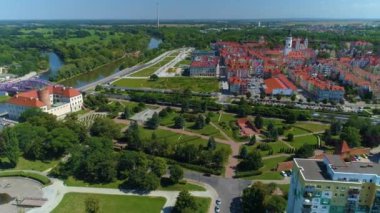 Panorama Old Town Odra River Glogow Aerial View Poland. High quality 4k footage