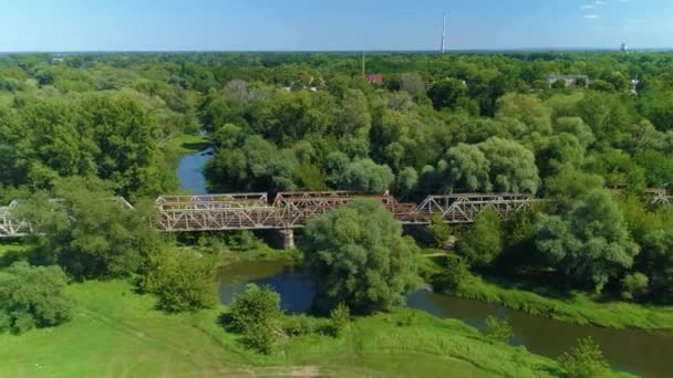 Railway Bridge Odra River Glogow Most Kolejowy Aerial View Poland — Stockvideo