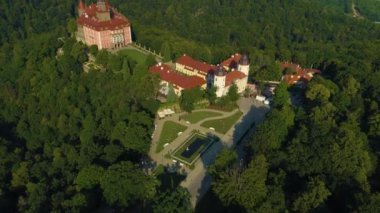 Prince Castle On The Cliff Walbrzych Zamek Ksiaz Aerial View Poland. High quality 4k footage