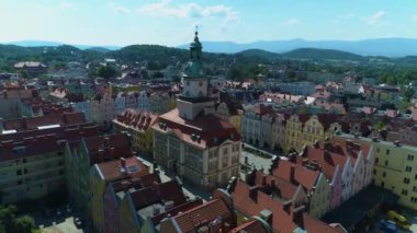 Old Town Market Jelenia Gora Ratusz Rynek Aerial View Poland. High quality 4k footage