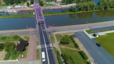 Oder Bridge River Odra Glogow Most Tolerancji Aerial View Poland. High quality 4k footage