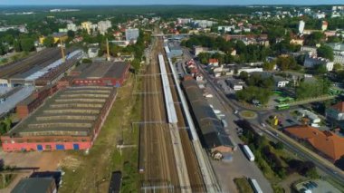 Panorama Tracks Train Station Zielona Gora Tory Stacja Aerial View Poland. High quality 4k footage