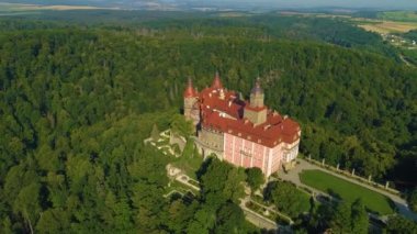 Prince Castle On The Cliff Walbrzych Zamek Ksiaz Aerial View Poland. High quality 4k footage