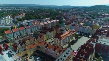 Old Town Market Jelenia Gora Ratusz Rynek Aerial View Poland. High quality 4k footage
