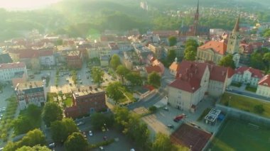 Panorama Old Town Market Center Walbrzych Ratusz Rynek Aerial View Poland. High quality 4k footage