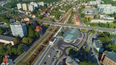 Crossing Over The Railway Track Zielona Gora Przejazd Aerial View Poland. High quality 4k footage