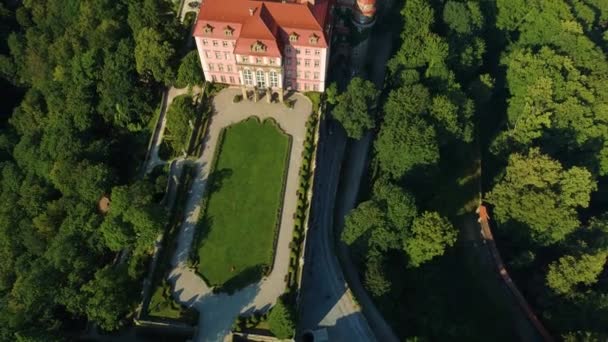 Prince Castle Cliff Walbrzych Zamek Ksiaz Aerial View Poland High — стоковое видео