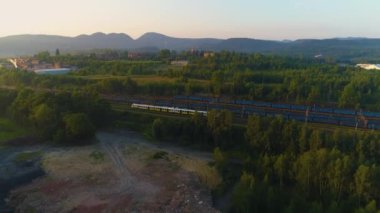 Sunrise Running Train Walbrzych Pociag Wschod Slonca Aerial View Poland. High quality 4k footage