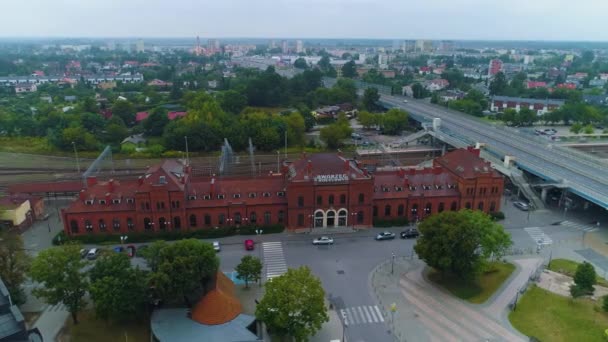 Järnvägsstationen Skierniewice Dworzec Kolejowy Flygfoto Polen Högkvalitativ Film — Stockvideo
