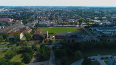 Ostrow Wielkopolski Stadyumu 'ndaki Panorama Ks Stadyumu hava manzaralı Polonya. Yüksek kalite 4k görüntü