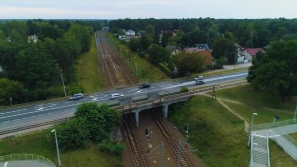 Viaduct Railway Tracks Piaseczno Wiadukt Tory Kolejowe Luchtfoto Polen Hoge — Stockvideo