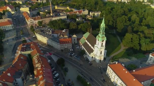 Church Downtown Kalisz Kosciol Nmp Plac Jozefa Aerial View Poland — Stock video
