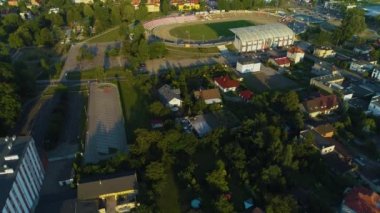 Güzel Panorama Stadyumu Ostrow Wielkopolski Stadyumu Hava Manzaralı Polonya. Yüksek kalite 4k görüntü