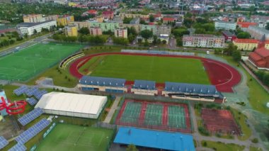 Marcinkiewicz Stadyumu Elk Stadyumu Hava Görüntüsü Polonya. Yüksek kalite 4k görüntü
