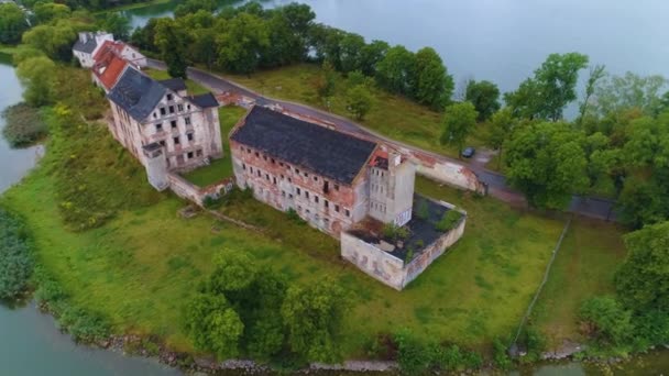 Castle Ruins Lake Elk Jezioro Ruiny Zamku Aerial View Polsko — Stock video