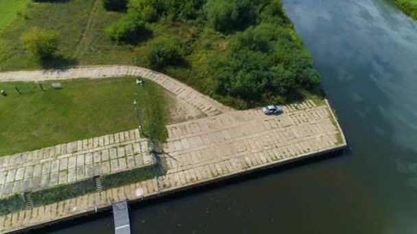 Lodě Port River Narew Ostroleka Rzeka Aerial View Polsko Vysoce — Stock video