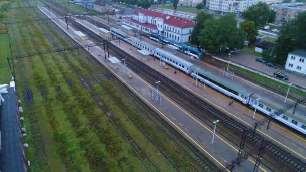 Dworzec Kolejowy Ełk Pociag Dworzec Kolejowy Widok Lotu Ptaka Polska — Wideo stockowe
