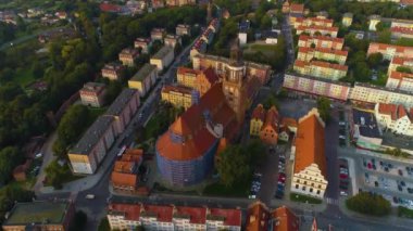 Eski Şehir Pazarı Kilisesi Stargard Stary Rynek Kosciol Hava Manzarası Polonya. Yüksek kalite 4k görüntü