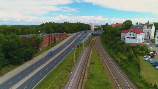 Artyleryjska Street Railway Tracks Olsztyn Srodmiescie Tory Aerial View Polonia — Vídeos de Stock
