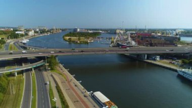 Güzel Castle Route Köprüsü Szczecin Odra Zachodnia Hava Manzaralı Polonya. Yüksek kalite 4k görüntü