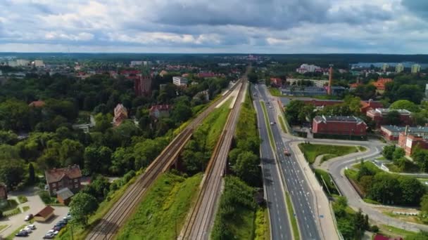 Artyleryjska Street Railway Tracks Olsztyn Srodmiescie Tory Veduta Aerea Polonia — Video Stock
