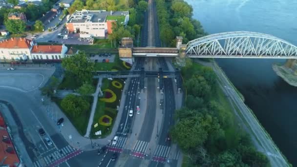 Dworzec Miasto Demiryolu Köprüsü Torun Çok Kolejowy Hava Görüntüsü Polonya — Stok video