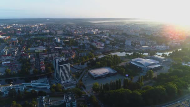 River Tower Hall Luczniczka Bydgoszcz Wiezowiec Rzeka Brda Aerial View — Αρχείο Βίντεο