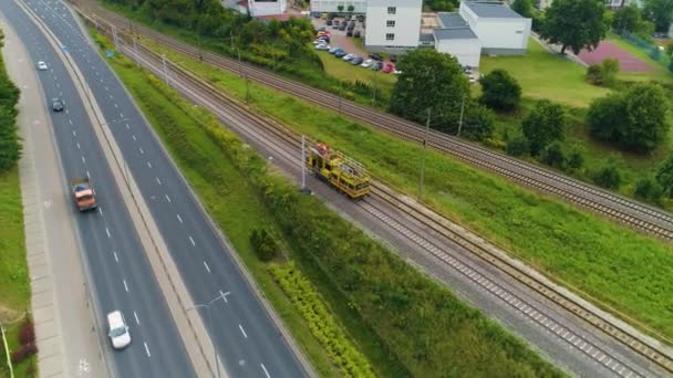 Special Vehicle Railway Tracks Olsztyn Pojazd Tory Aerial View Poland — Stock Video