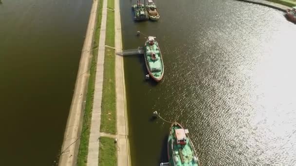 Boote Marina Lagune Wloclawek Wisla Przystan Zalewie Fluss Weichsel Luftaufnahme — Stockvideo