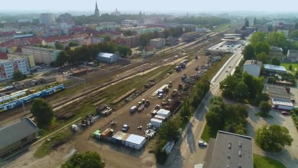 Σιδηροδρομικός Σταθμός Panorama Stargard Dworzec Kolejowy Aerial View Poland Υψηλής — Αρχείο Βίντεο